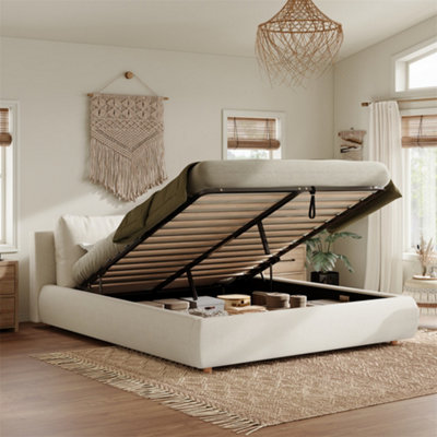 Abrihome 4Ft6 Cloud Storage Bed FrameBoucle Upholstered Ottoman Bed With 2 Removable CushionsWarm White from B&Q