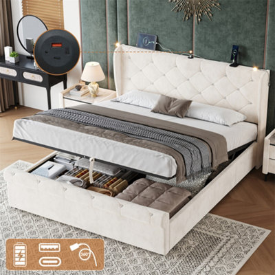 Abrihome 4Ft6 Double Velvet Bed Frame With Hydraulic StorageDiamond Tufted Headboard With Usb-C PortsLight & Charging StationBeige from B&Q