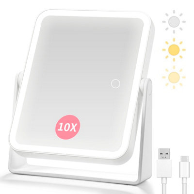 B&Q -  Portable Rechargeable Double Sided 1X 10X Lighted Makeup Mirror With 3 Color Smart Touch Dimming And 360 Rotation