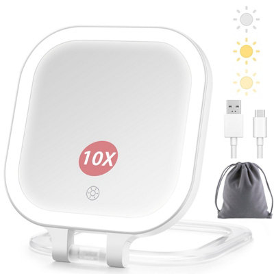 B&Q -  Portable Rechargeable Double Sided 1X 10X Lighted Makeup Mirror With 3 Color Dimmable Touch Control