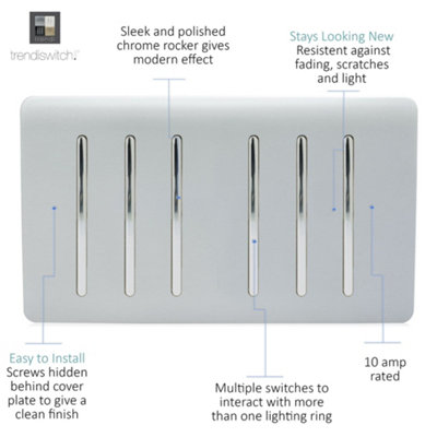 Trendi Switch Trendi Artistic Modern Glossy 6 Gang 2 Way Rocker Double Plate Tactile Light Switch In Silver - Image 7