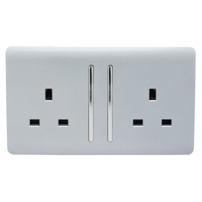 Trendi 2 Gang Artistic Modern Silver Glossy 13 Amp Long Switched Plug Socket - Image 9