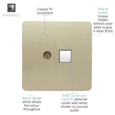 Trendi Switch 2 Gang Tv Co-Axial & Rj45 Cat 5E Ethernet Sockets - Champagne Gold - Image 6