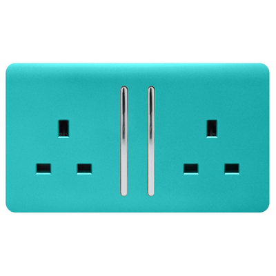 Trendiswitch Trendi 2 Gang Artistic Modern Glossy 13 Amp Switched Tactile Plug Socket Bright Teal Light