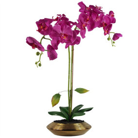 70cm Artificial Orchid Dark Pink with Gold Dish Ceramic Planter