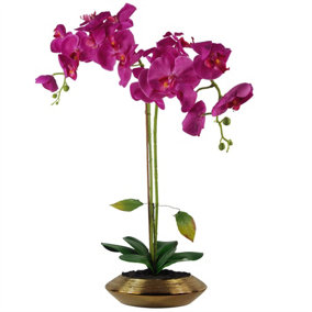 70cm Artificial Orchid Dark Pink with Gold Dish Ceramic Planter