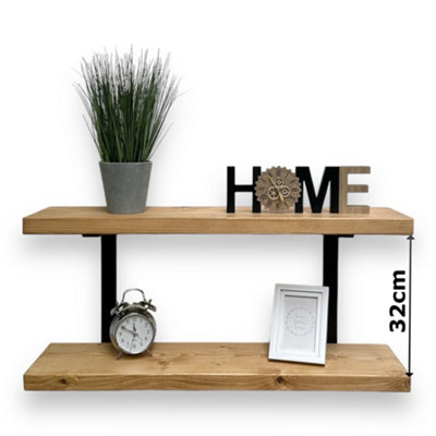 70cm Double Rustic Wooden Shelves Wall-Mounted Shelf with Seated Double Black L Brackets, Solid Timber - Ideal for Kitchen