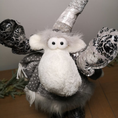 70cm Grey Plush Christmas Moose Reindeer Decoration in Knitted Jumper with Extendable Legs