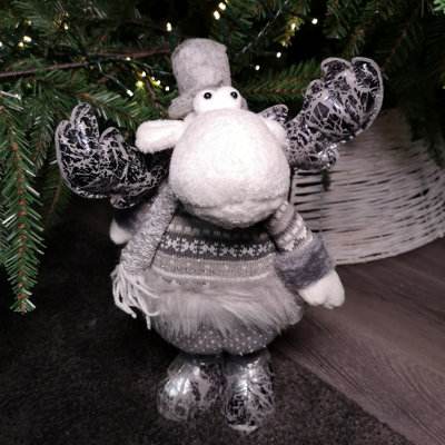 70cm Grey Plush Christmas Moose Reindeer Decoration In Striped Jumper   70cm Grey Plush Christmas Moose Reindeer Decoration In Striped Jumper With Extendable Legs~5060559855389 01c MP