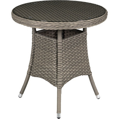 70cm Round Rattan Wicker Garden Bistro Table - Brown & Glass Outdoor Side Table