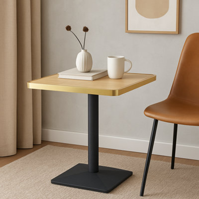 70cm Square Oak Effect Bistro Dining Table with Brushed Gold Edge & Black Square Base
