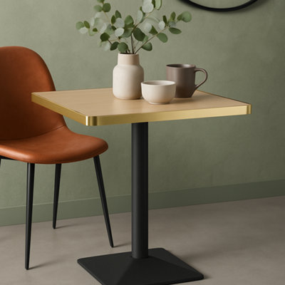 70cm Square Oak Effect Bistro Dining Table with Brushed Gold Edge & Black Square Base