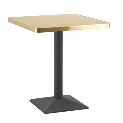 70cm Square Oak Effect Bistro Dining Table with Brushed Gold Edge & Black Square Base