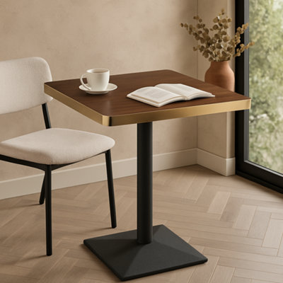 70cm Square Walnut Effect Bistro Dining Table with Brushed Gold Edge & Black Square Base