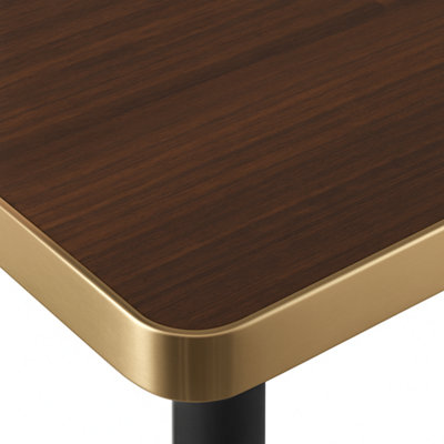 70cm Square Walnut Effect Bistro Dining Table with Brushed Gold Edge & Black Square Base