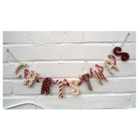 70cm Vintage Country Style Tartan Red & Cream Wooden Christmas Garland Banner Gingham Ribbon Hanging Xmas Decorations