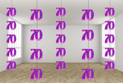 70th Glitz Pink Anniversary Birthday Metallic Hanging String Shiny Foil Wall Decorations Pack of 6