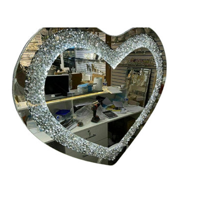 70x80cm Led Light Heart Shape Sparkly Crushed Crystal Diamante Wall Mirror