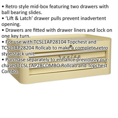 710 x 460 x 270mm RETRO CREAM 2 Drawer MID-BOX Tool Chest Lockable Storage Unit