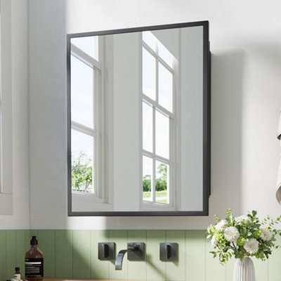 71cm H Black Wall-Mount Rectangular Bathroom Storage Mirror Cabinet