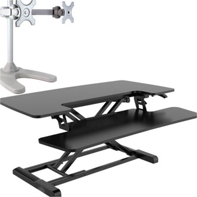 71cm Height Adjustable Sit Stand Work Desk Converter & Twin Monitor Bracket Set