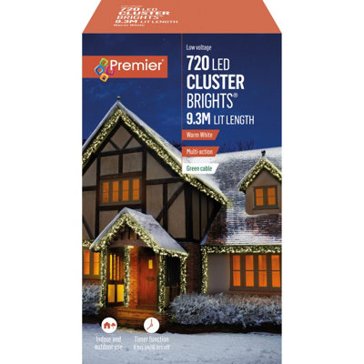 720 LED Christmas Cluster Lights Warm White Multi-action with timer Lights 9.3M - 7