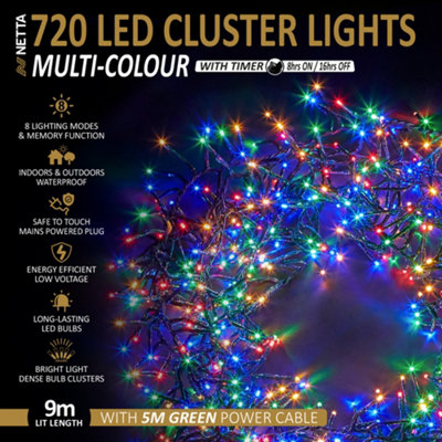 720 LED Cluster String Lights 9M Indoor/Outdoor Christmas Lights - Multi-Colour