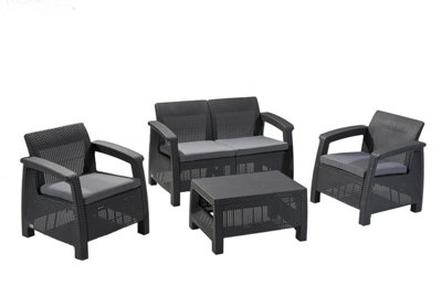 Keter Gf 06784 Corfu Outdoor 4 Seater Rattan Sofa Furniture Set With Accent TableGraphite Cream / Mushroom Cushions from B&Q