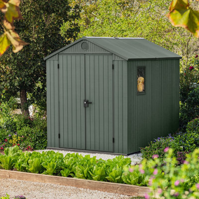 Keter Darwin 8X6 Ft Apex Green Plastic 2 Door Shed With Floor & 1 Window (Base Included)