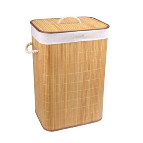 72L Bamboo Foldable Laundry Basket Clothes Sorter Storage Bin with Lid & Removable Washable Liners