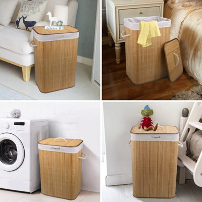 72L Bamboo Foldable Laundry Basket Clothes Sorter Storage Bin with Lid & Removable Washable Liners