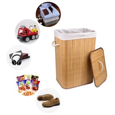 72L Bamboo Foldable Laundry Basket Clothes Sorter Storage Bin with Lid & Removable Washable Liners - 3