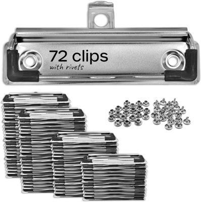 72x Durable Metal Clipboard Clips - Spring-Loaded Replacement Clips with Rubber Edge, Retractable Hanging Hole, and Rivets