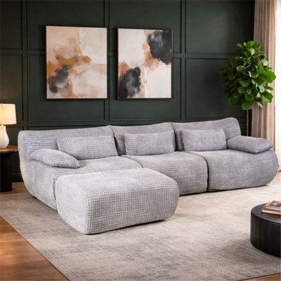Abrihome Mimo Grey Corduroy Modular Compression SofaL-Shaped Sectional Couch With OttomanFireproof Fabric & Ergonomic Curved Seat from B&Q