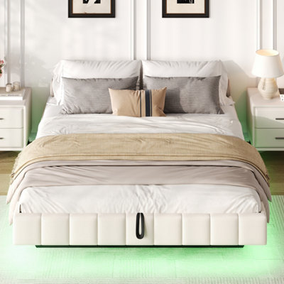 Abrihome 4Ft6 Double Floating Bed 135X190 CmHydraulic StorageRgb Led LightsNo HeadboardBeige Linen (No Mattress) from B&Q