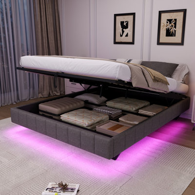 Abrihome 4Ft6 Double Floating Bed 135X190 CmHydraulic StorageRgb Led LightsNo HeadboardGrey Linen (No Mattress) from B&Q