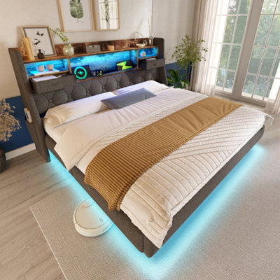 Abrihome 6Ft Floating Bed 180X200 CmLed LightingUsb & Type-C ChargingStorage HeadboardLinen Grey Upholstered (No Mattress) from B&Q