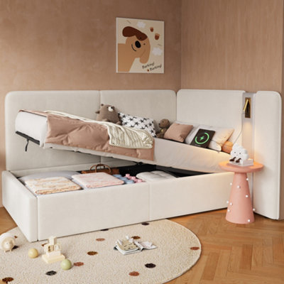 Abrihome 3Ft Daybed 90X190CmL-Shaped Velvet Sofa Bed With StorageHydraulic LiftUsb Port & Reading LampBeige from B&Q
