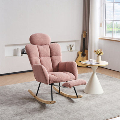 B&Q -  Teddy Fabric Tufted Upholstered Rocking Chair Padded Seat With Headrest And Foldable Footrest For Living Room BedroomPink