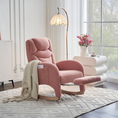 Abrihome Teddy Fabric Foam Upholstered Armchair Rocking Chair With Pull-Out FootrestPink from B&Q