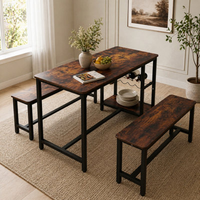 Abrihome 3-Piece Dining Table And Bench Set4-Person Indoor Space-Saving Dinette For KitchenBrown from B&Q
