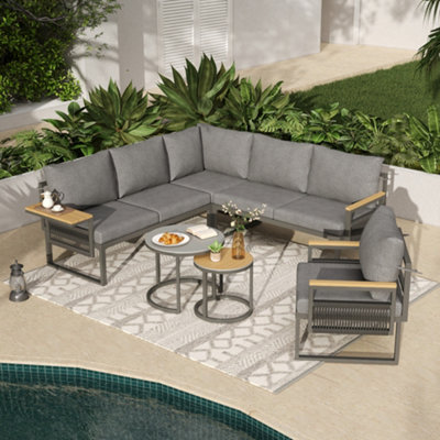 Abrihome Grey Linen 5-6 Seater Garden Lounge Set With Rope Woven Corner SofaArmchair2 Nesting Glass Tables & Adjustable Trays from B&Q