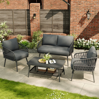 Abrihome Grey Linen 4-Seater Garden Set With Polyester Rope SofaArmchairs & Plastic Wood Storage Coffee Table from B&Q