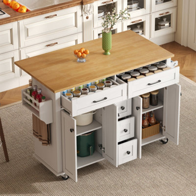 Abrihome Rolling Kitchen Island With Foldable Top5 DrawersLockable Wheels & Spice Rack120X65X89Cm from B&Q