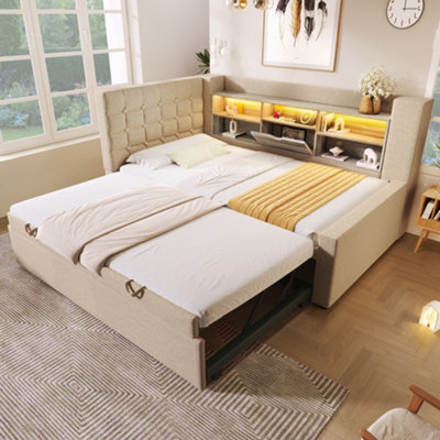 Abrihome Beige Linen Single Daybed With StorageUsb-C Charging & Pull-Out Trundle90X190Cm from B&Q