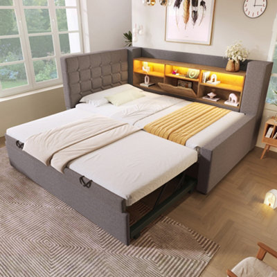 Abrihome Grey Linen Single Daybed With StorageUsb-C Charging & Pull-Out Trundle90X190Cm from B&Q