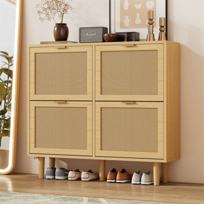 Abrihome Light Oak Rattan Shoe Cabinet With 4 Flip Drawers & Adjustable Shelves100X25X90Cm from B&Q