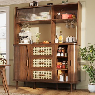 Abrihome Natural Wood Look 174.5Cm Tall Sideboard With Rattan Accents & Glass Sliding Doors from B&Q