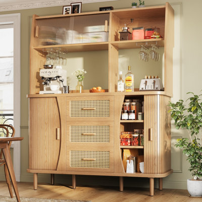 Abrihome 174.5Cm Tall Sideboard With Rattan Look & Glass Sliding DoorsNatural Wood/walnut Finish from B&Q
