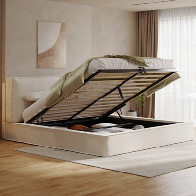 B&Q -  Beige Chenille 5Ft Ottoman Bed With Hydraulic StoragePadded Headboard & Strong Slatted Base